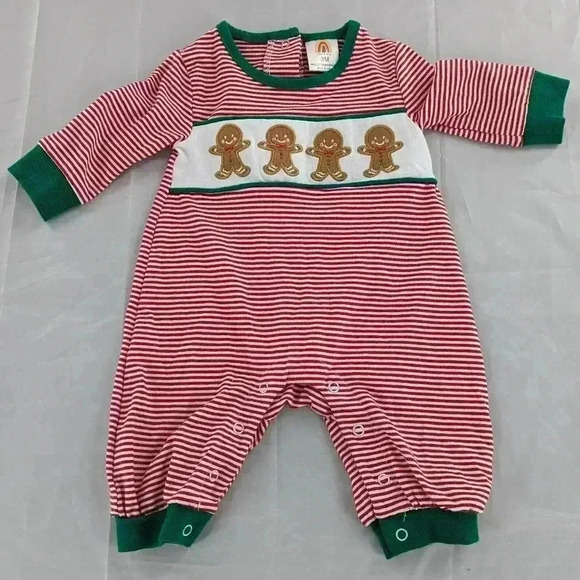 Red Stripped Long Sleeve Gingerbread Romper Size 3 Months - Picture 1 of 6